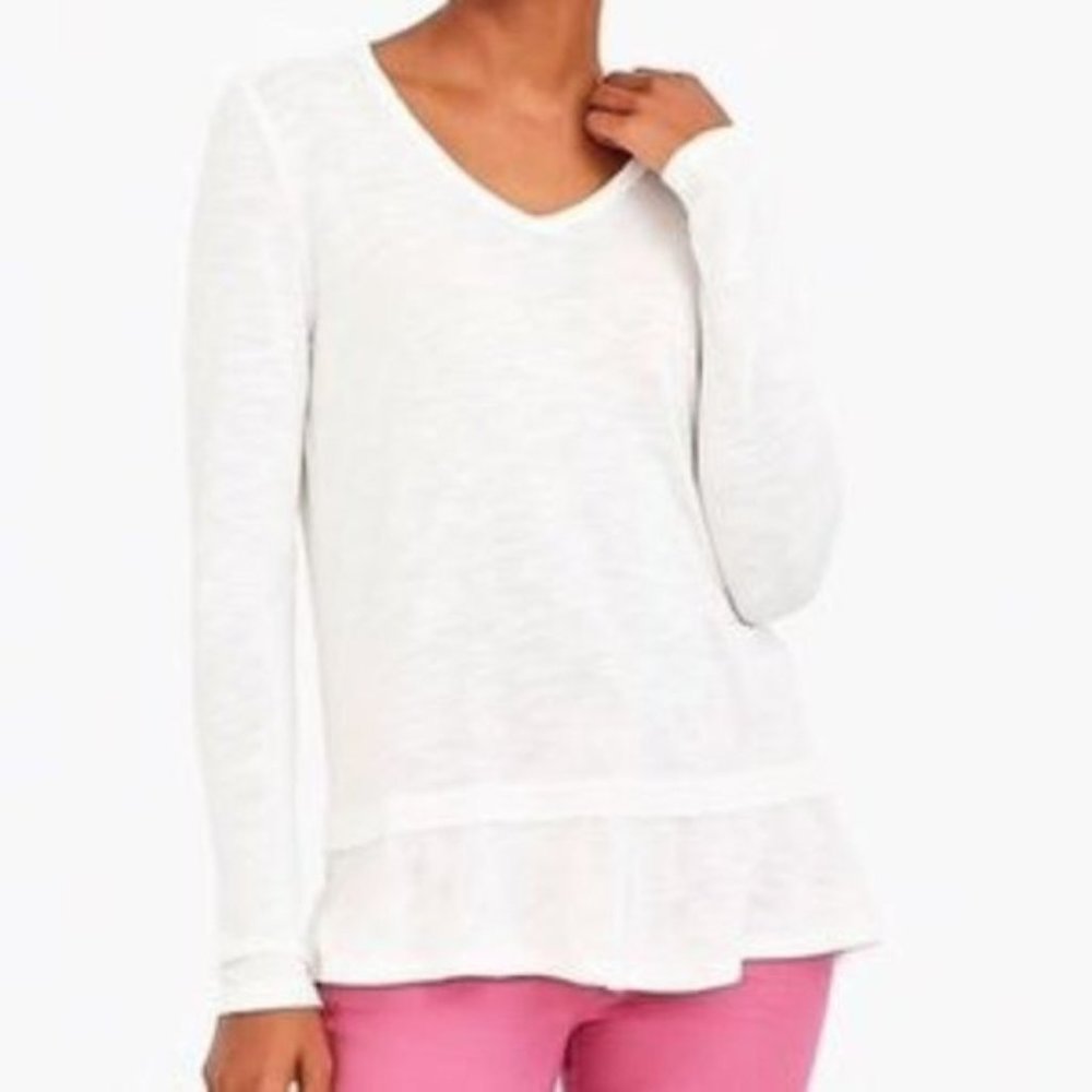 J. Crew Mercantile White V Neck Ruffle Hem Tee M Medium